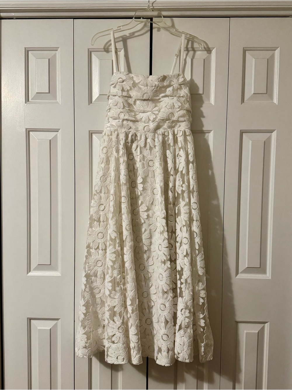 Likely Geno White Flocked Daisy Fit and Flare Midi Dress, Size 10